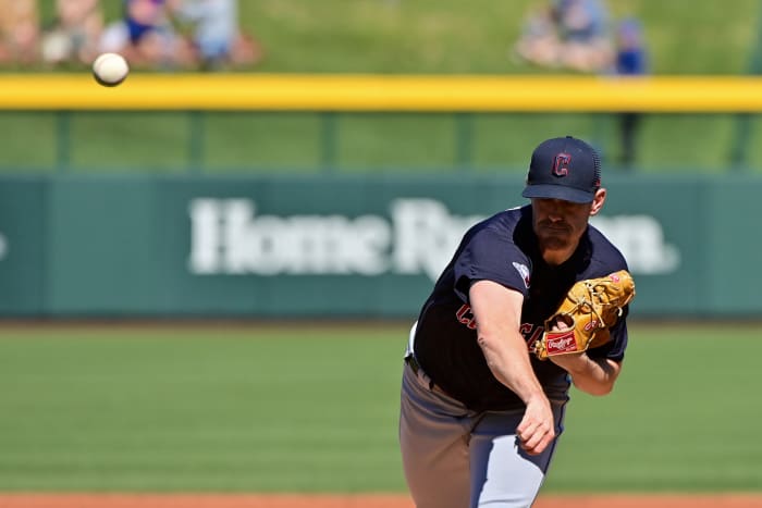 Feb 27, 2023; Mesa, Arizona, USA; Cleveland Guardians starting pitcher Shane Bieber (57) throws in the first inning against the Chicago Cubs during a spring training game at Sloan Park. Mandatory Credit: Matt Kartozian-USA TODAY Sports
